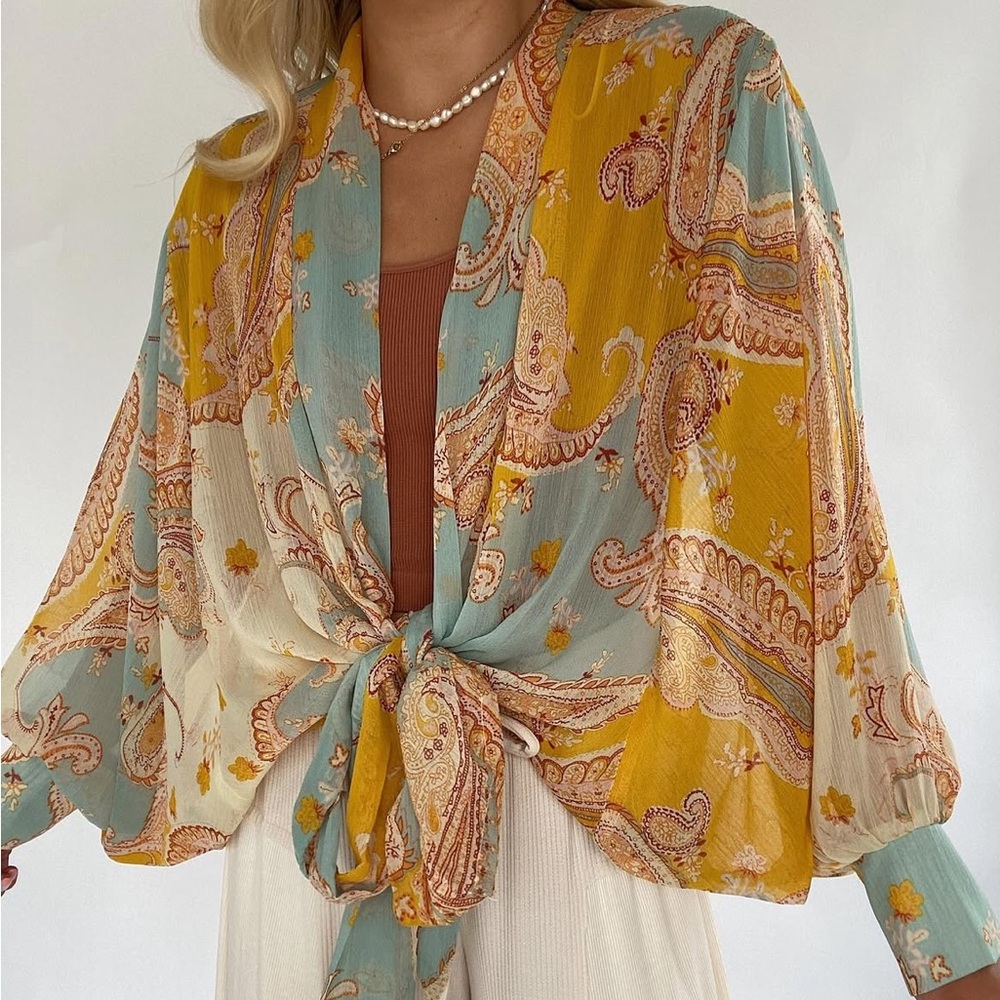 Dress Forum Yellow and Blue Paisley tie front Kimono Sheer Blouse